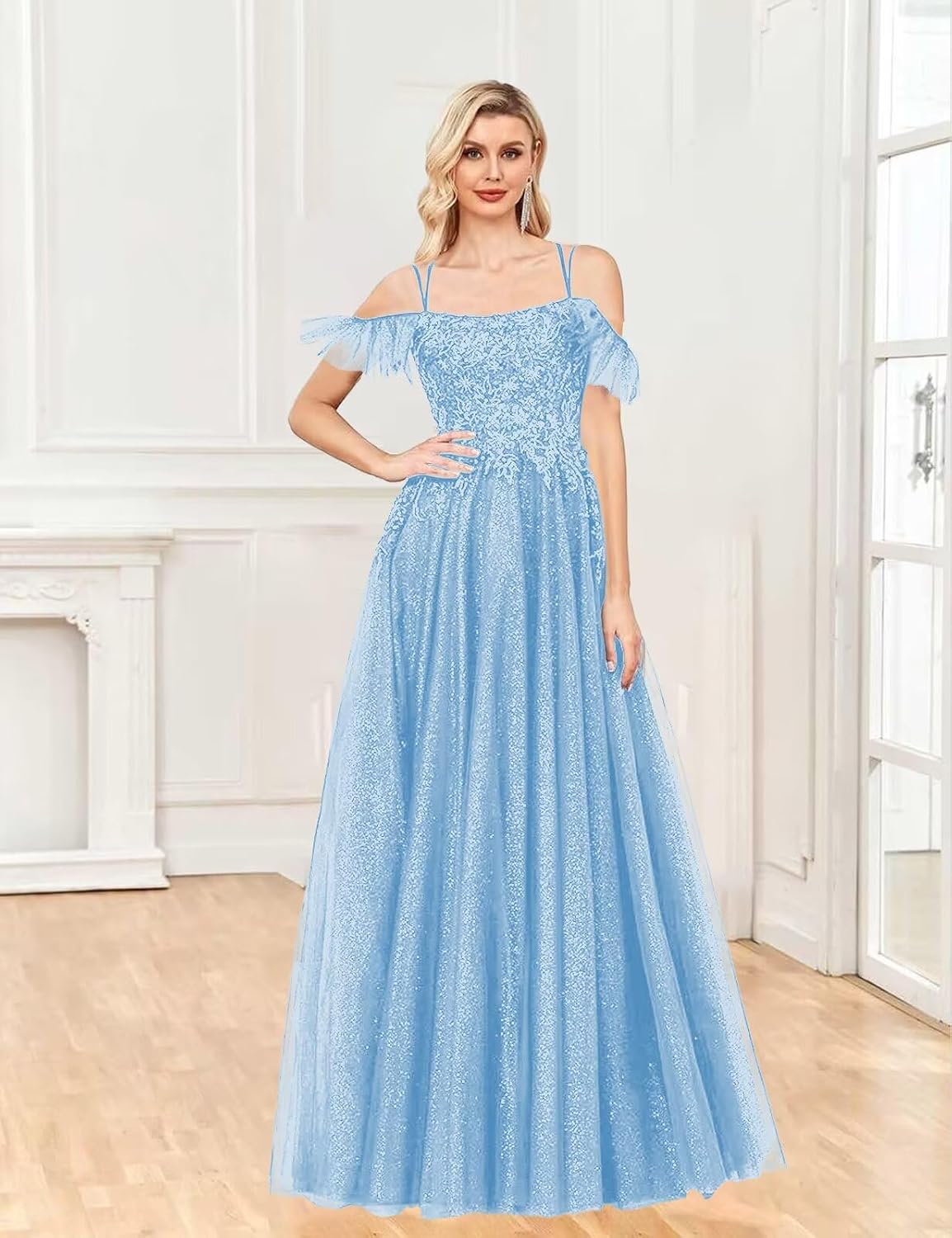 Off Shoulder Tulle Ball Gowns for Women Lace Appliques Beaded Prom Dress Sparkly Long A-line Evening Gowns