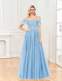 Off Shoulder Tulle Ball Gowns for Women Lace Appliques Beaded Prom Dress Sparkly Long A-line Evening Gowns