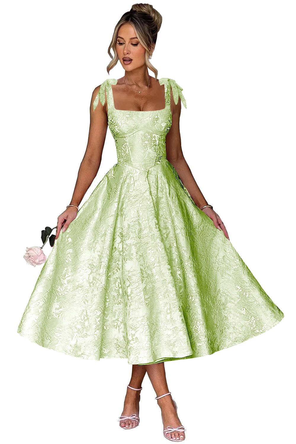 Women's Midi Bridesmaid Dresses Jacquard Satin with Bow Spaghetti Straps Square Neck Formal Wedding Guest Dress