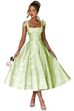 Women's Midi Bridesmaid Dresses Jacquard Satin with Bow Spaghetti Straps Square Neck Formal Wedding Guest Dress
