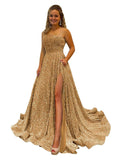 One Shoulder Sequin Prom Dresses for Women Long Sparkly A-Line Slit Formal Evening Party Ball Gowns with Pockets