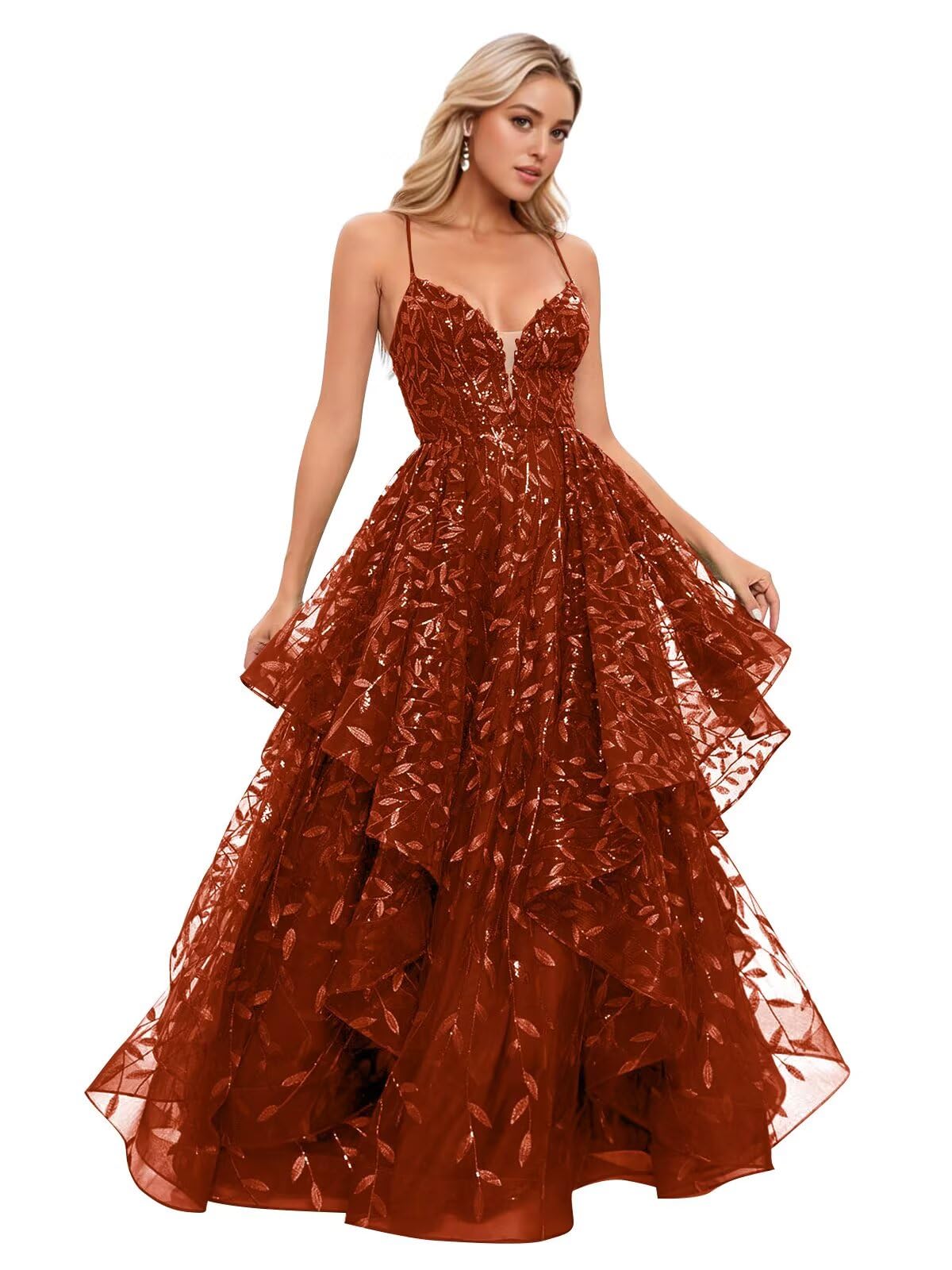 Spaghetti Strap Prom Dresses for Women V Neck Sparkly Sequin Tulle Tiered Ball Gown Long Formal Evening Dress