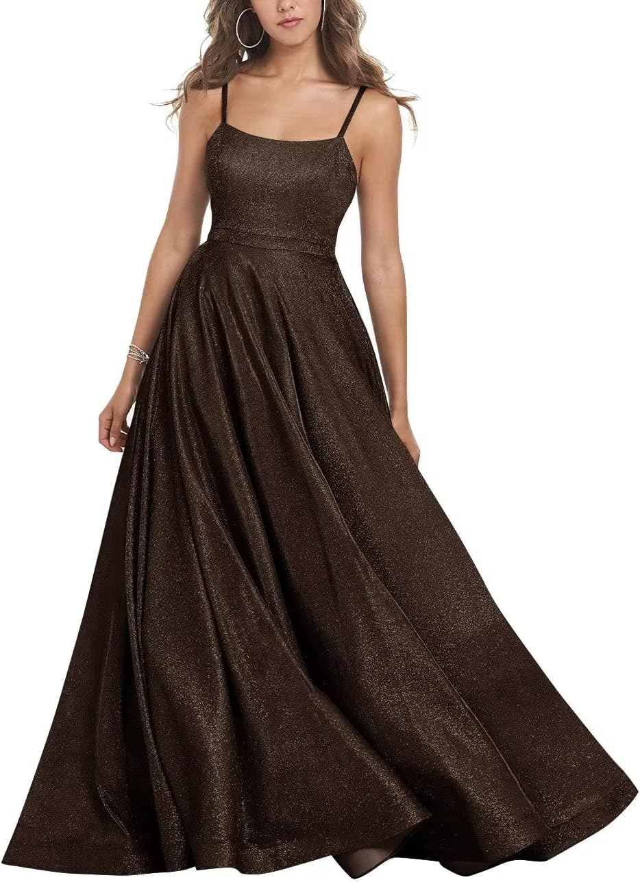 Women's Glitter Prom Dresses Long Ball Gown Spaghetti Straps Neck Formal Evening Party Dress for Teens