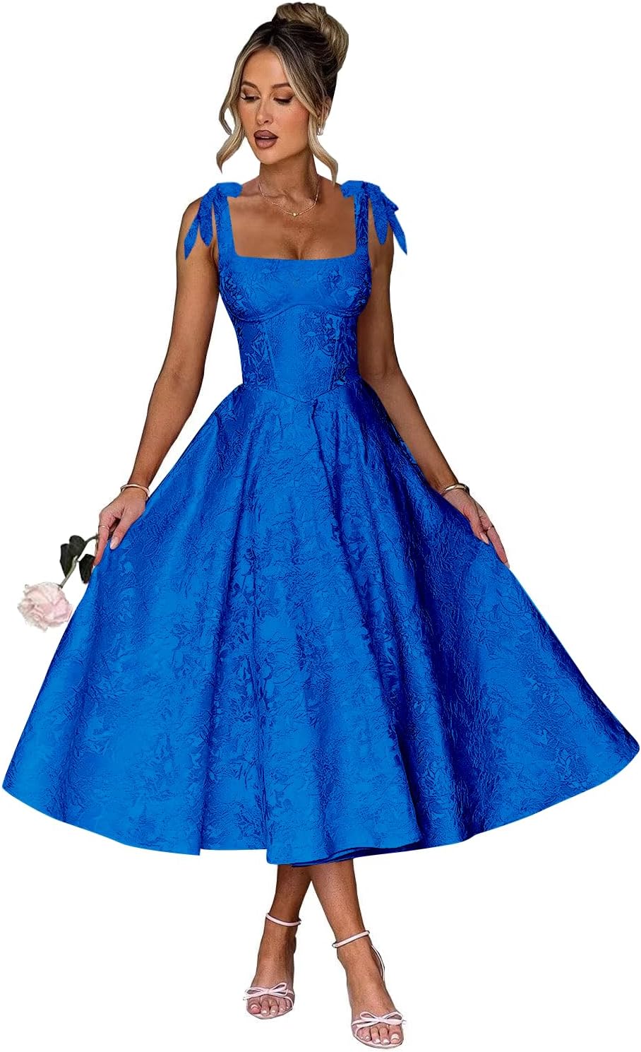 Women's Midi Bridesmaid Dresses Jacquard Satin with Bow Spaghetti Straps Square Neck Formal Wedding Guest Dress