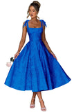 Women's Midi Bridesmaid Dresses Jacquard Satin with Bow Spaghetti Straps Square Neck Formal Wedding Guest Dress