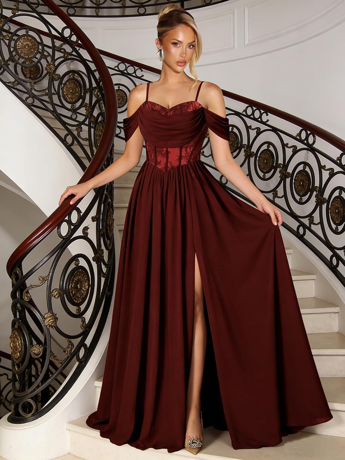 Off Shoulder Lace Applique Prom Dress with Slit A Line Ball Gown Pleated Corset Long Formal Evening Dresses
