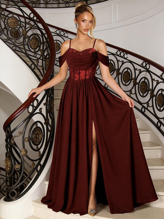 Off Shoulder Lace Applique Prom Dress with Slit A Line Ball Gown Pleated Corset Long Formal Evening Dresses