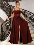Off Shoulder Lace Applique Prom Dress with Slit A Line Ball Gown Pleated Corset Long Formal Evening Dresses