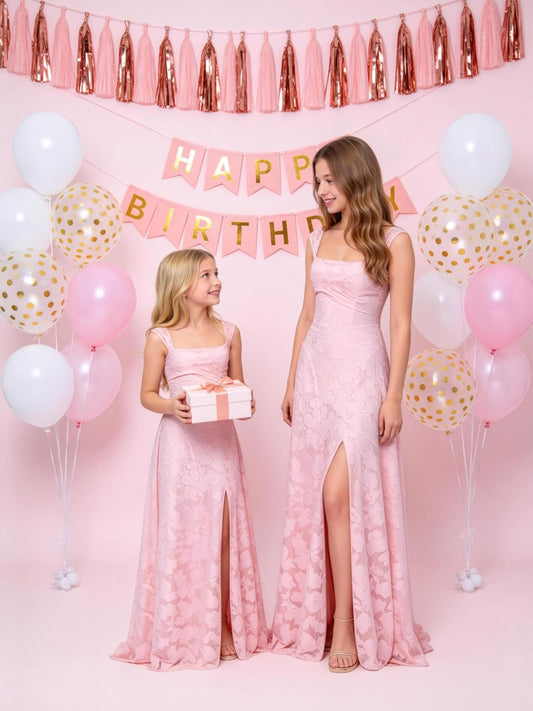Square Neck Junior Bridesmaid Dresses Floral Lace Flower Girl Dress for Wedding Ruched Slit Girls Formal Dress 2-16Y