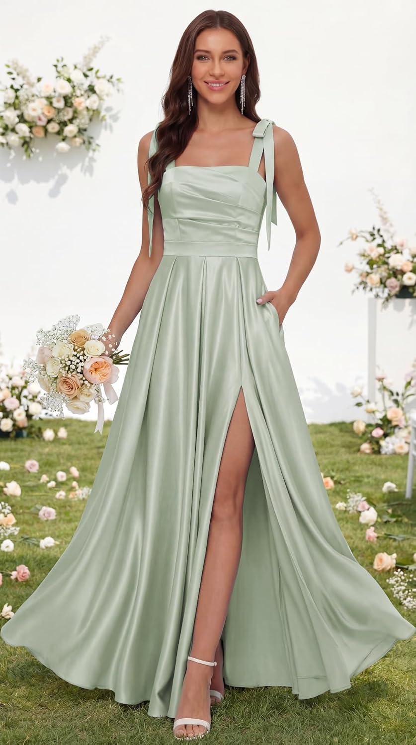 Satin Bridesmaid Dresses with Slit Spaghetti Straps Square Neck Long Formal Dress