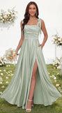 Satin Bridesmaid Dresses with Slit Spaghetti Straps Square Neck Long Formal Dress