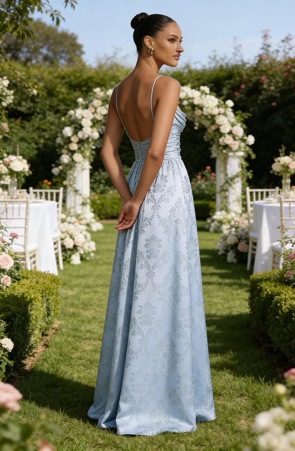 Floral Jacquard Prom Dresses for Women Spaghetti Straps A Line Satin Cowl Neck Formal Evening Party Dress