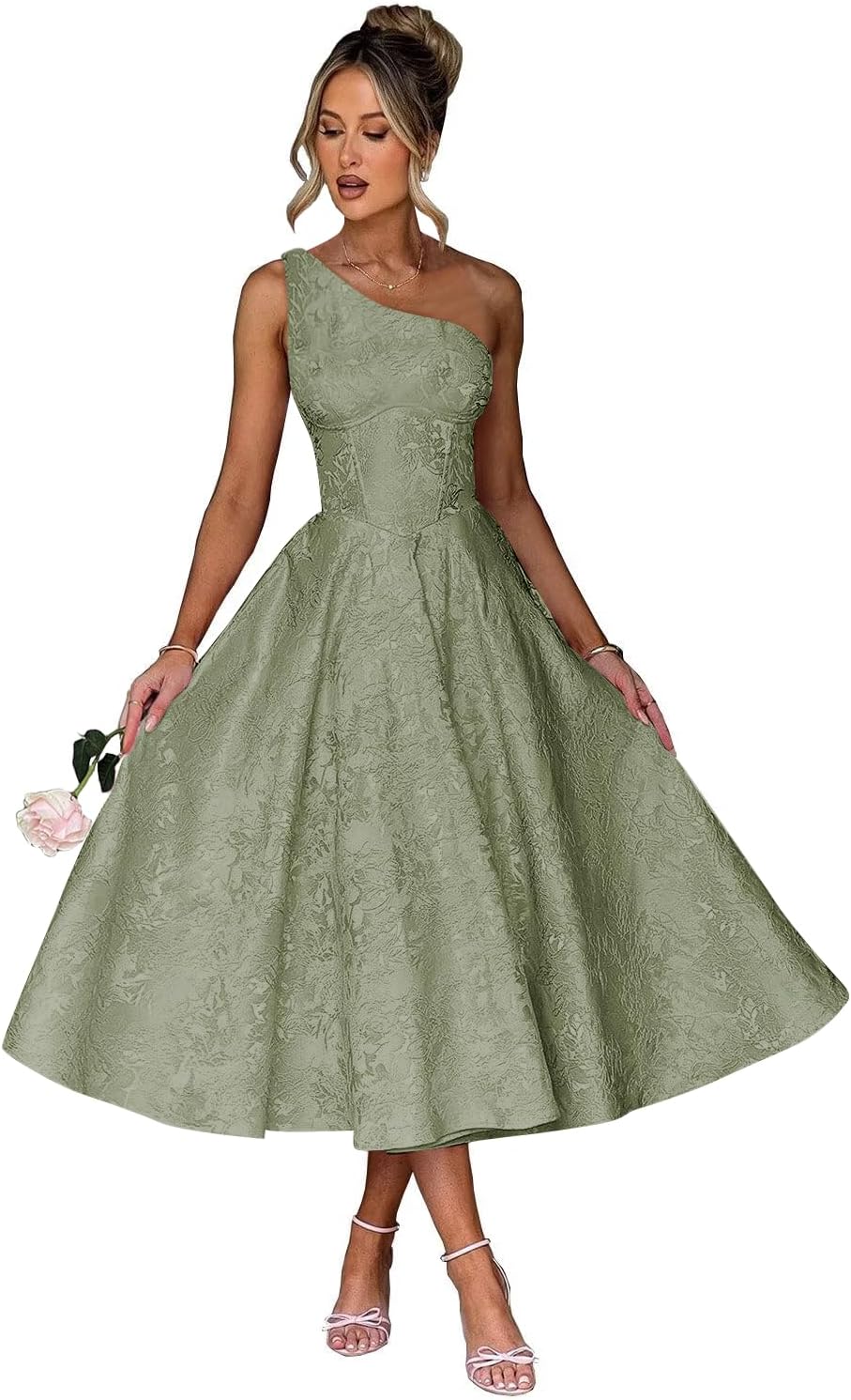 Jacquard Floral Satin Prom Dresses 2026 One Shoulder A-Line Midi Formal Evening Party Gown with Pockets for Women