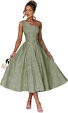 Jacquard Floral Satin Prom Dresses 2026 One Shoulder A-Line Midi Formal Evening Party Gown with Pockets for Women