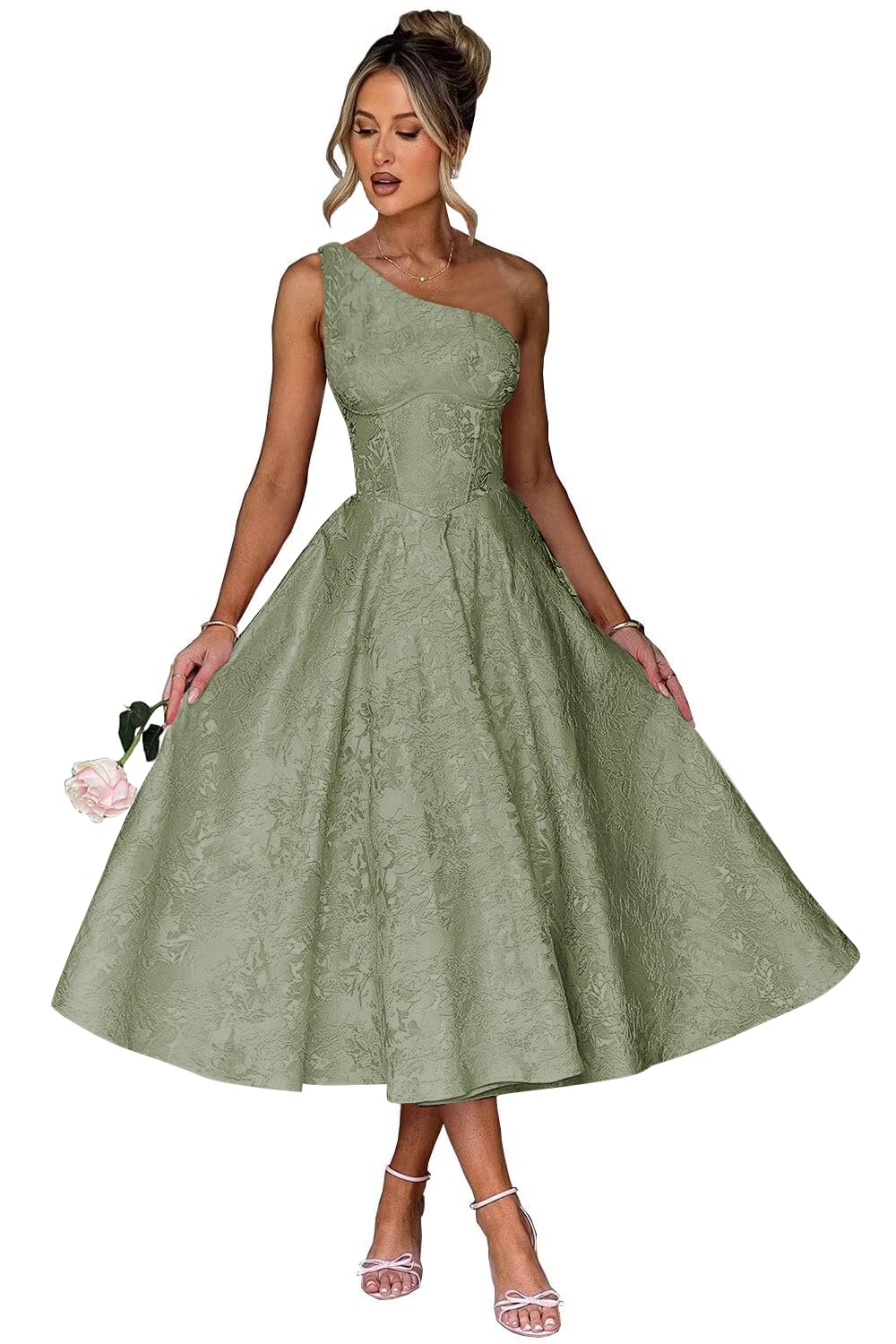 Jacquard Floral Satin Prom Dresses 2026 One Shoulder A-Line Midi Formal Evening Party Gown with Pockets for Women