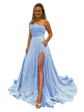 One Shoulder Sequin Prom Dresses for Women Long Sparkly A-Line Slit Formal Evening Party Ball Gowns with Pockets