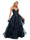 Spaghetti Strap Prom Dresses for Women V Neck Sparkly Sequin Tulle Tiered Ball Gown Long Formal Evening Dress
