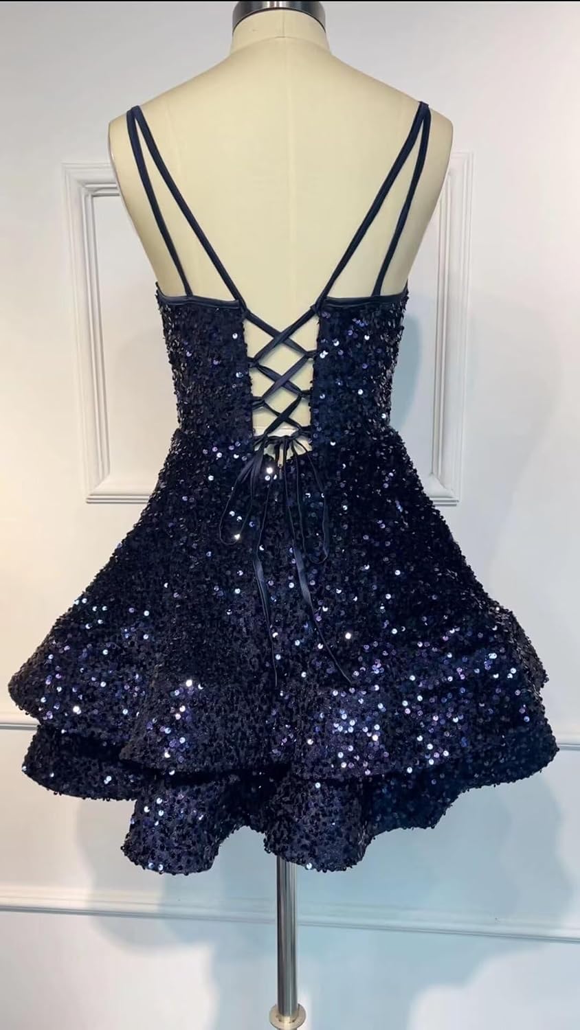 Spaghetti Straps Sequin Homecoming Dresses for Teens Sparkly Tiered Short Prom Dress 2026 Mini Cocktail Party Gown