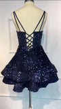 Spaghetti Straps Sequin Homecoming Dresses for Teens Sparkly Tiered Short Prom Dress 2026 Mini Cocktail Party Gown