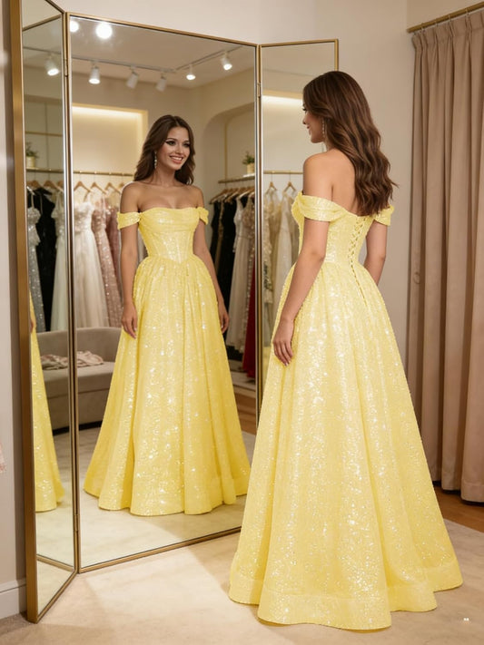 Off Shoulder Quinceanera Dress Long Sparkly Tulle Prom Dress A Line Formal Ball Gown Sequin Tulle Prom Dress A Line Corset