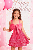 Sparkly Tiered Sequin Flower Girl Dress Spaghetti Straps Short Birthday Pageant Formal Mini Dresses