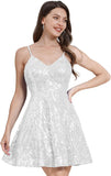 Women's Spaghetti Straps Sparkly Sequins A Line Swing Party Nightclub Dance Mini Cocktail Dress Above Knee Length Homecoming Gowns