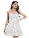 Women's Spaghetti Straps Sparkly Sequins A Line Swing Party Nightclub Dance Mini Cocktail Dress Above Knee Length Homecoming Gowns