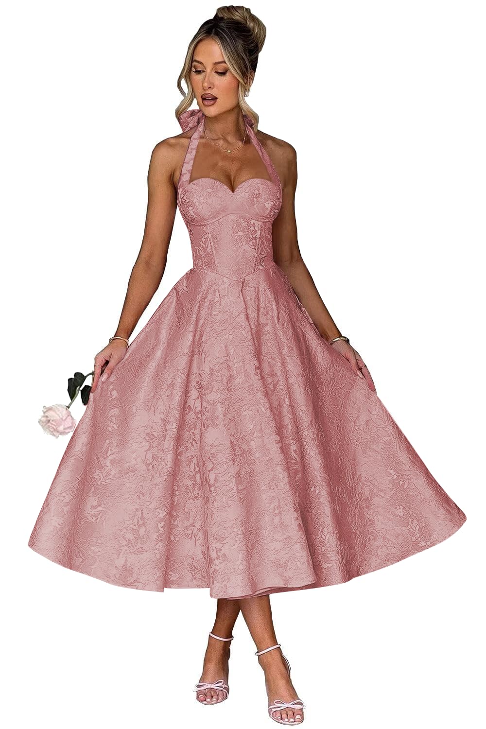 Jacquard Satin Prom Dresses for Women Vintage A-Line Midi Halter Sweetheart Formal Evening Party Gowns with Pockets