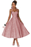 Jacquard Satin Prom Dresses for Women Vintage A-Line Midi Halter Sweetheart Formal Evening Party Gowns with Pockets