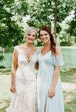 Women's Cold Shoulder Bridesmaid Dresses Long Summer Side Slit Chiffon Formal Evening Gown with Pockets