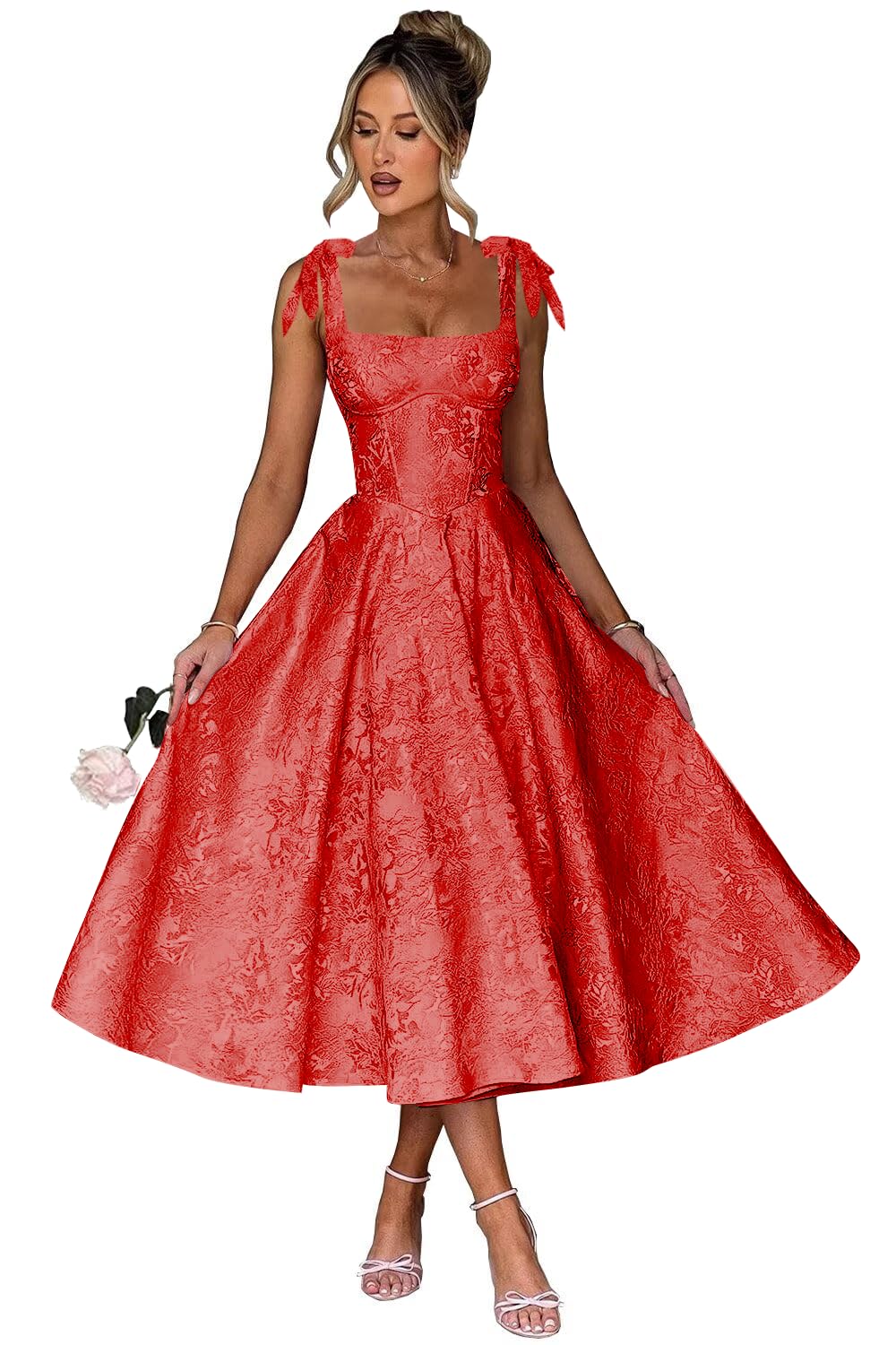 Women's Midi Bridesmaid Dresses Jacquard Satin with Bow Spaghetti Straps Square Neck Formal Wedding Guest Dress