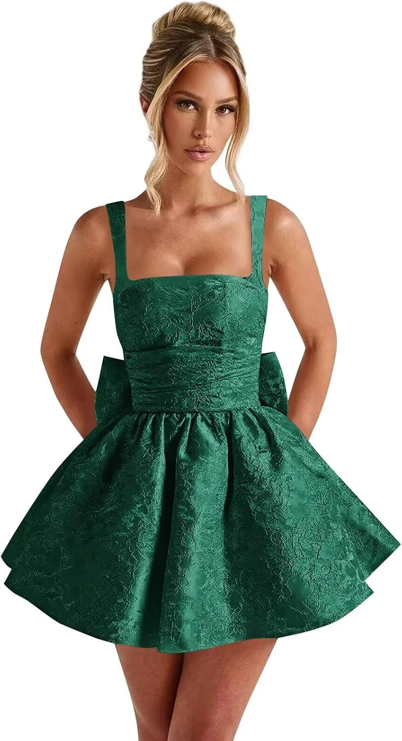 Satin Jacquard Homecoming Dress with Bow Short A-Line Mini Prom Cocktail Party Gown