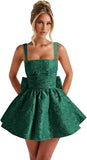 Satin Jacquard Homecoming Dress with Bow Short A-Line Mini Prom Cocktail Party Gown
