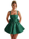 Satin Jacquard Homecoming Dress with Bow Short A-Line Mini Prom Cocktail Party Gown