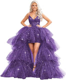 Puffy Sequins Tulle High-Low Prom Dresses for Women 2027, Glitter V Neck Formal Ball Gown Wedding Party Dress