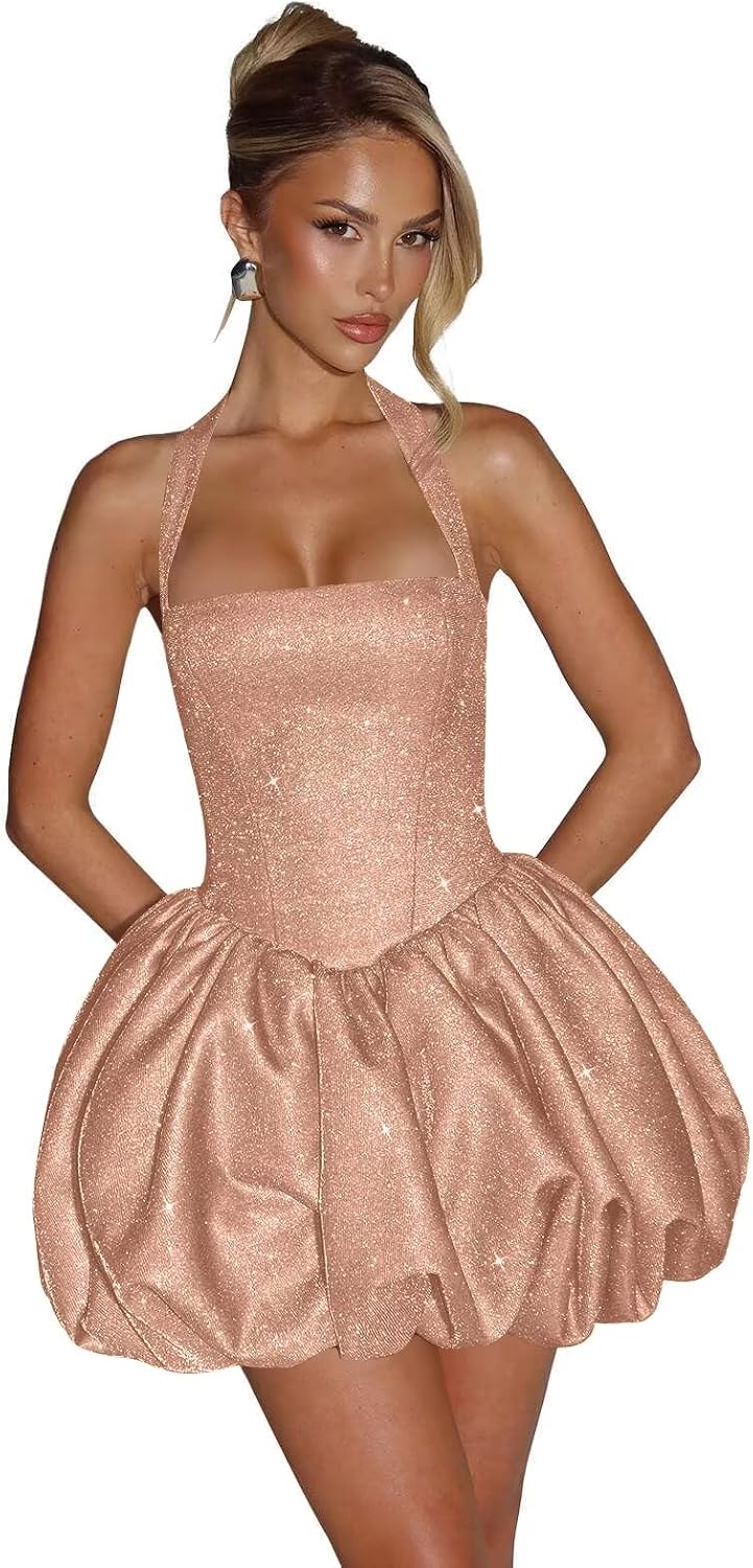 Satin Halter Homecoming Dresses for Teens Short Glitter A-Line Prom Dress Bubble Mini Formal Cocktail Party Gowns