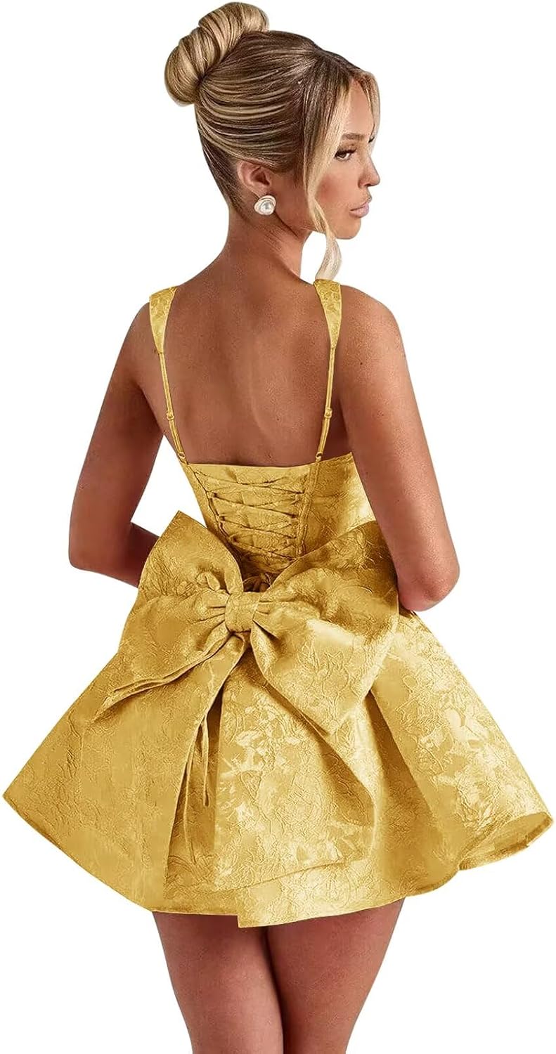 Satin Jacquard Homecoming Dress with Bow Short A-Line Mini Prom Cocktail Party Gown