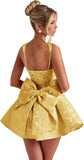 Satin Jacquard Homecoming Dress with Bow Short A-Line Mini Prom Cocktail Party Gown