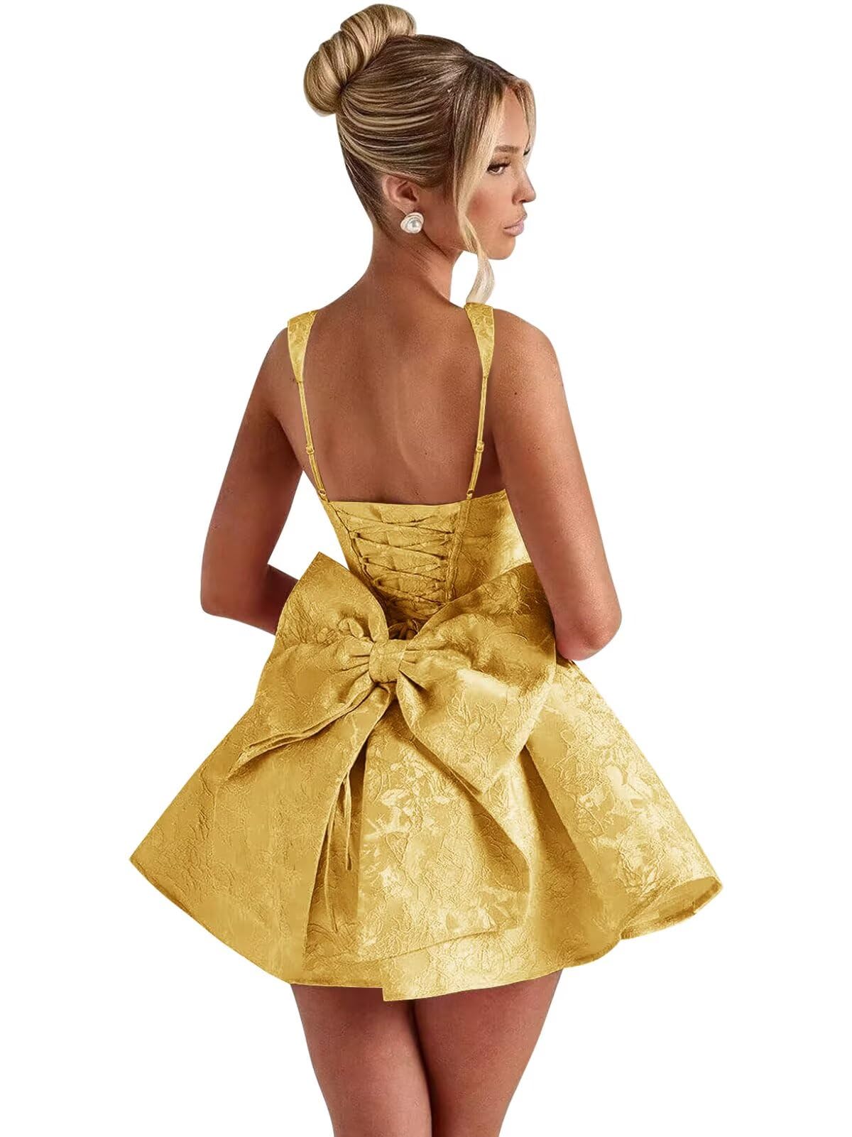 Satin Jacquard Homecoming Dress with Bow Short A-Line Mini Prom Cocktail Party Gown
