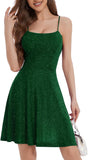 Spaghetti Straps Sparkly Homecoming Dress Fit and Flare Glitter Mini Swing Semi Formal Prom Party Club Dress