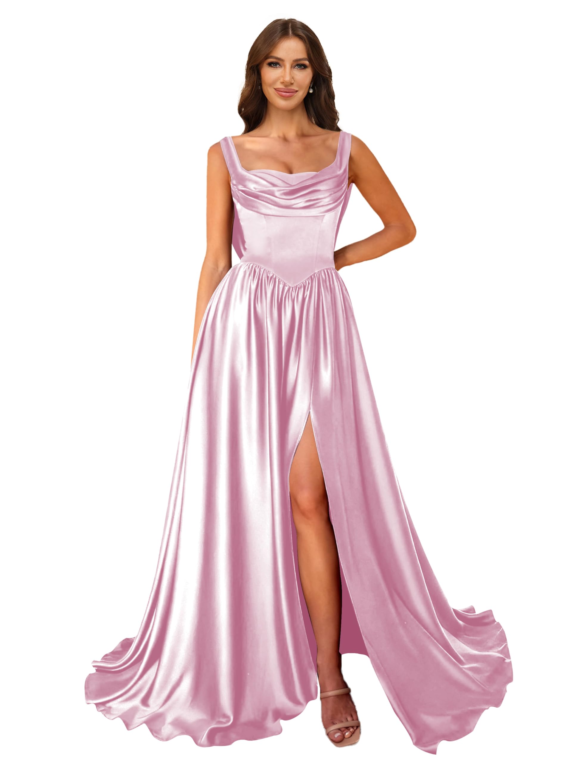 Cowl Neck Satin Prom Dresses Corset Ball Gown Long Puffy A-Line Formal Evening Gown with Slit