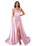 Cowl Neck Satin Prom Dresses Corset Ball Gown Long Puffy A-Line Formal Evening Gown with Slit