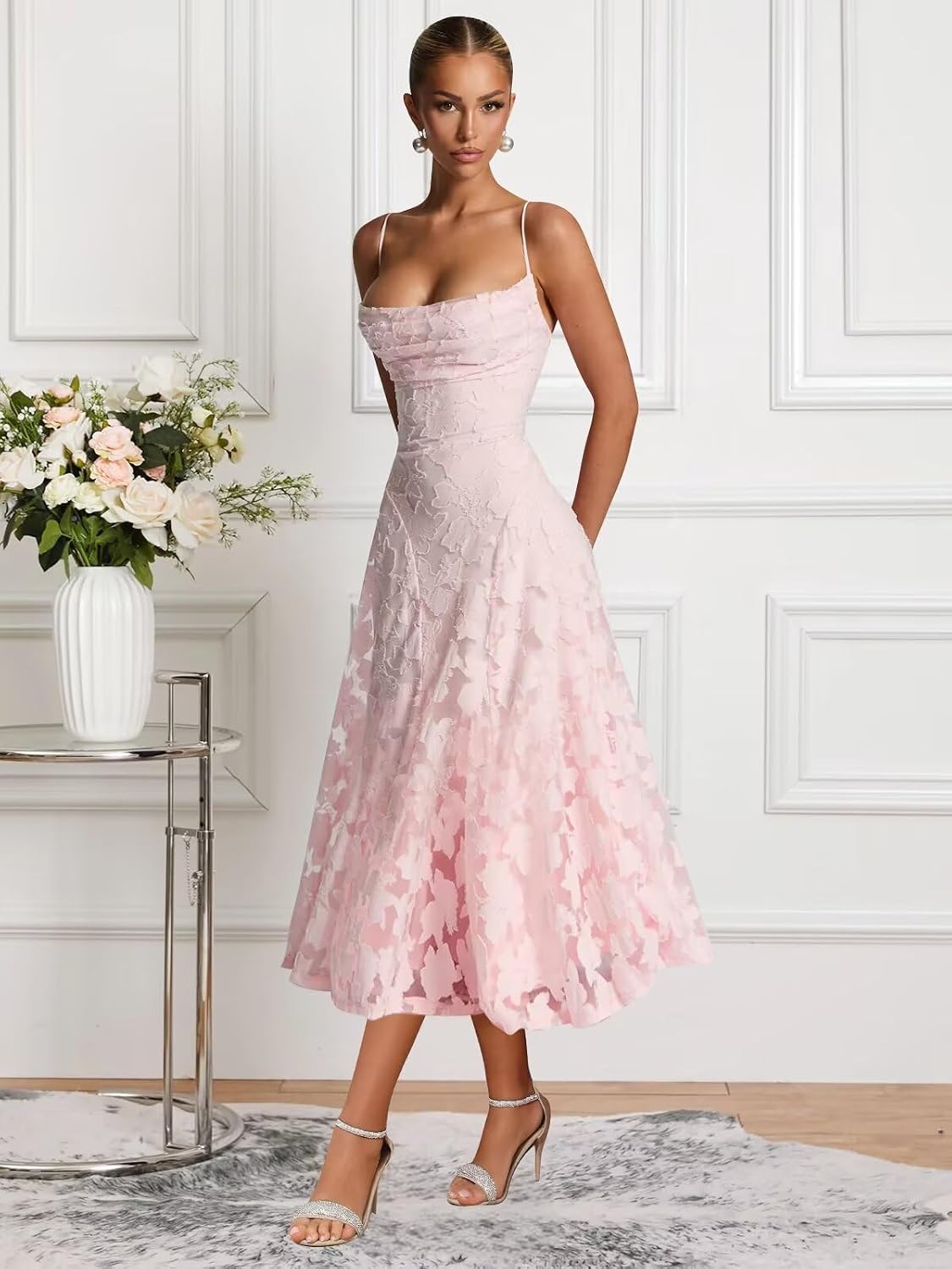 Lace Jacquard Bridesmaid Dresses for Women 2027 Spaghetti Straps Ruffle Formal Wedding Guest Dress
