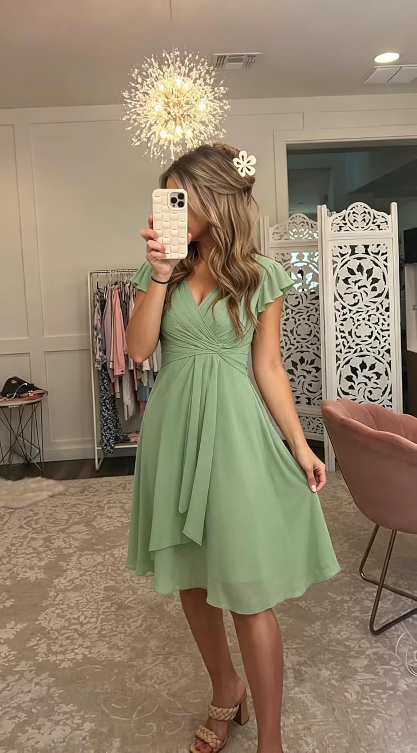 Short Chiffon Bridesmaid Dresses for Women V Neck Flutter Sleeves Ruffle Formal Cocktail Gowns with Pockets