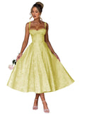Eightale Satin Jacquard Prom Dress with Bow Tea Length Floral Midi Formal Evening Party Gown
