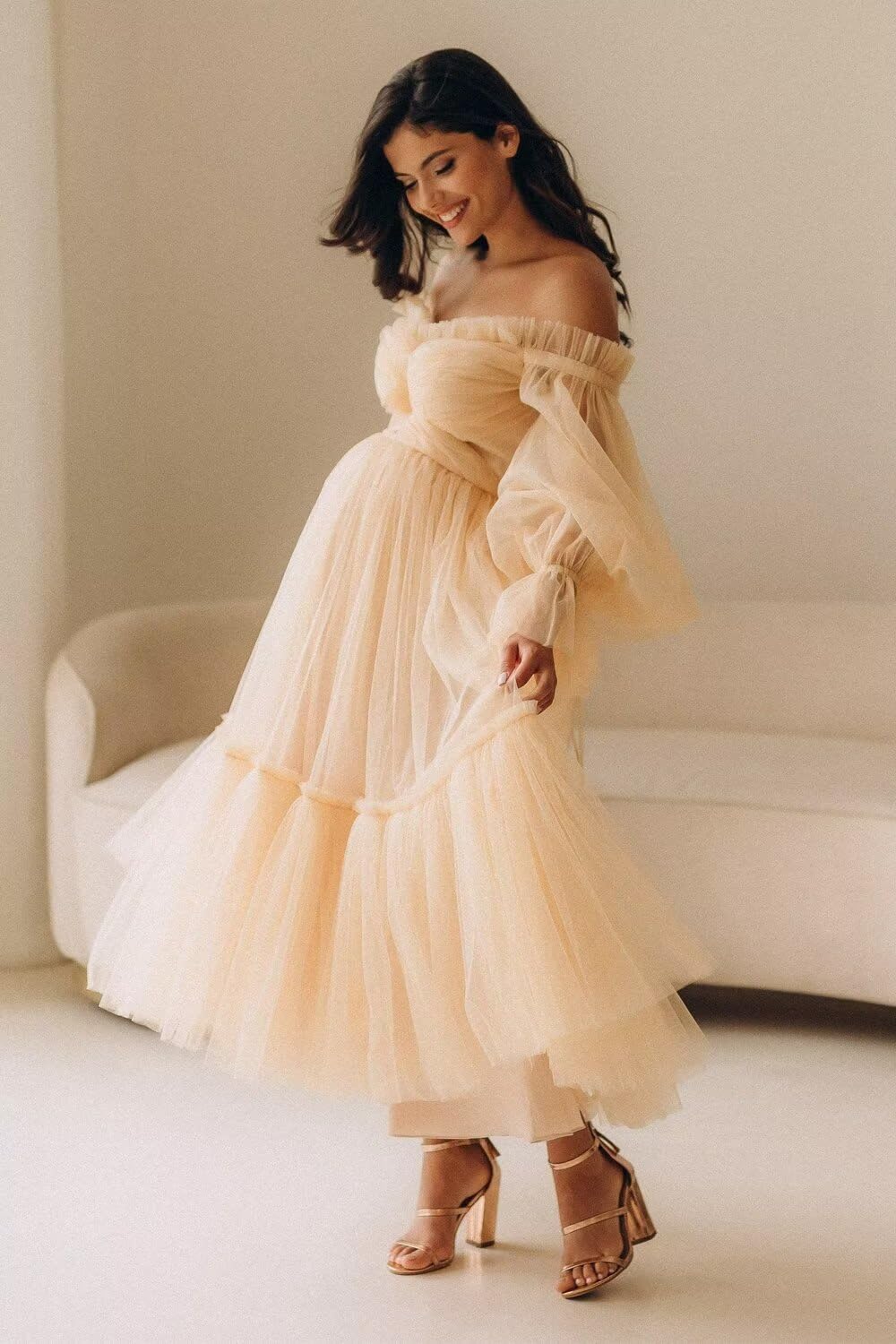 Eightale Tulle Tea Length Maternity Dresses for Photo Shoot Long Sleeve Pregnancy Gown for Baby Shower