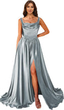 Cowl Neck Satin Prom Dresses Corset Ball Gown Long Puffy A-Line Formal Evening Gown with Slit