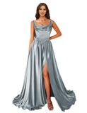 Cowl Neck Satin Prom Dresses Corset Ball Gown Long Puffy A-Line Formal Evening Gown with Slit