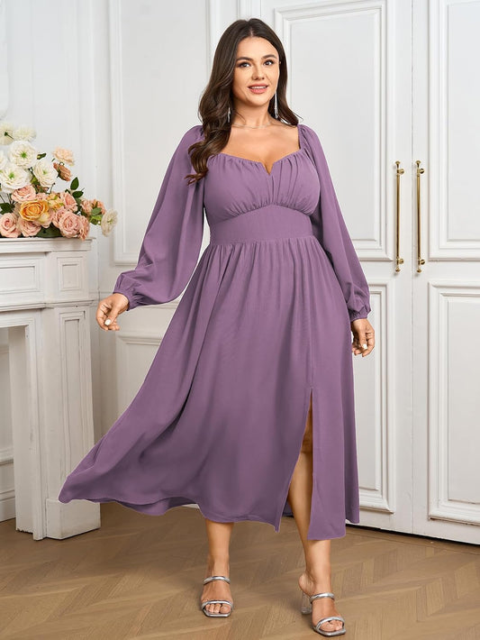 Women Plus Size Formal Dresses Long Sleeve Square Neck Wedding Guest Cocktail Split A-Line Maxi Long Dress