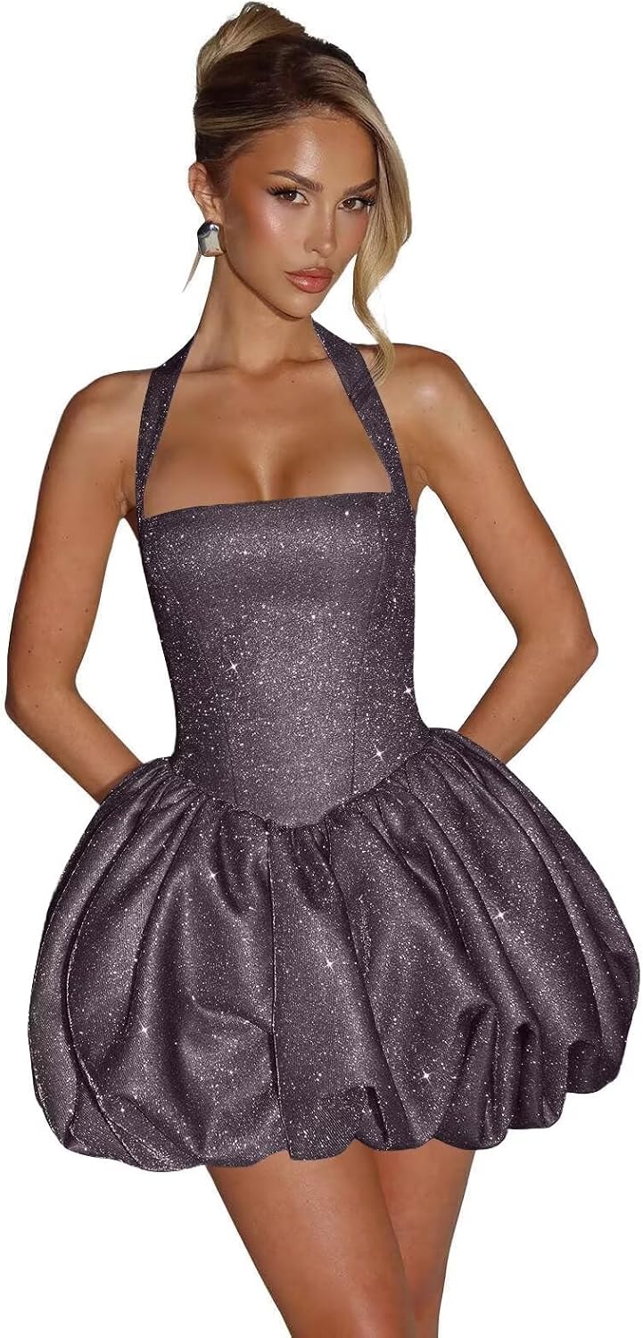 Satin Halter Homecoming Dresses for Teens Short Glitter A-Line Prom Dress Bubble Mini Formal Cocktail Party Gowns